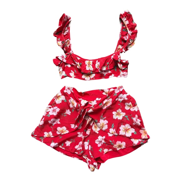 Majorelle Red Fruit Punch Ruffled Floral Crop Top Shorts Set Womens XXS - Picture 3 of 14